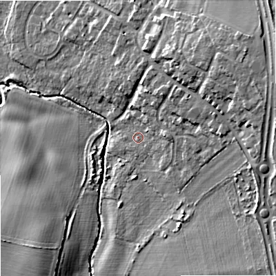Shaded relief map of the ground around WV95AY, computed from Environment Agency LiDAR. The ground here sits at about 96 m above sea level and falls 15 m across the surrounding 800 m. Surface water reaching this point runs off ground lying to the east-north-east, 6.9 m higher.