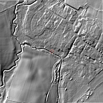 Shaded relief map of the ground around WV95AZ, computed from Environment Agency LiDAR. The ground here sits at about 95 m above sea level and falls 14 m across the surrounding 800 m. Surface water reaching this point runs off ground lying to the east-north-east, 12.8 m higher.