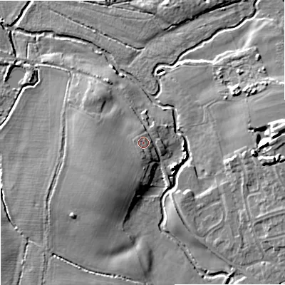Shaded relief map of the ground around WV95BN, computed from Environment Agency LiDAR. The ground here sits at about 95 m above sea level and falls 14 m across the surrounding 800 m. Surface water reaching this point runs off ground lying to the south-west, 1.5 m higher.