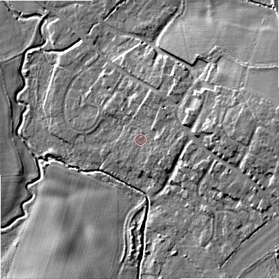 Shaded relief map of the ground around WV95BY, computed from Environment Agency LiDAR. The ground here sits at about 97 m above sea level and falls 15 m across the surrounding 800 m. Surface water reaching this point runs off ground lying to the east, 9.1 m higher.