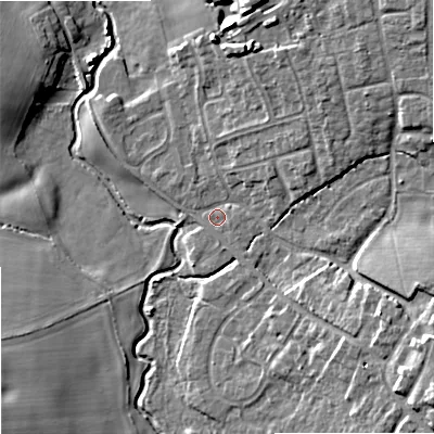 Shaded relief map of the ground around WV95EG, computed from Environment Agency LiDAR. The ground here sits at about 94 m above sea level and falls 13 m across the surrounding 800 m. Surface water reaching this point runs off ground lying to the east-south-east, 8.9 m higher.