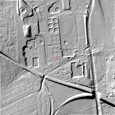 Shaded relief map of the ground around WV95HN, computed from Environment Agency LiDAR. The ground here sits at about 109 m above sea level and falls 21 m across the surrounding 800 m. Surface water reaching this point runs off ground lying to the south-west, 8.1 m higher.