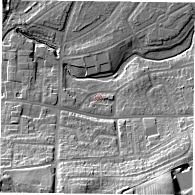 Shaded relief map of the ground around YO103AB, computed from Environment Agency LiDAR. The ground here sits at about 12 m above sea level and falls 25 m across the surrounding 800 m. Surface water reaching this point runs off ground lying to the west-south-west, 3.3 m higher.