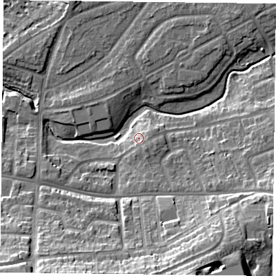 Shaded relief map of the ground around YO103AN, computed from Environment Agency LiDAR. The ground here sits at about 12 m above sea level and falls 20 m across the surrounding 800 m. Surface water reaching this point runs off ground lying to the south-west, 18.0 m higher.