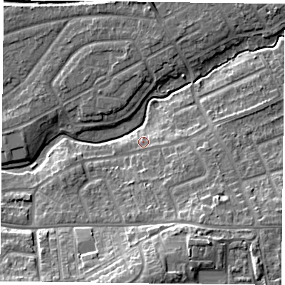 Shaded relief map of the ground around YO103AW, computed from Environment Agency LiDAR. The ground here sits at about 12 m above sea level and falls 14 m across the surrounding 800 m. Surface water reaching this point runs off ground lying to the east-south-east, 4.4 m higher.