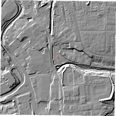 Shaded relief map of the ground around YO103DT, computed from Environment Agency LiDAR. The ground here sits at about 9 m above sea level and falls 12 m across the surrounding 800 m. Surface water reaching this point runs off ground lying to the north-north-west, 3.9 m higher.