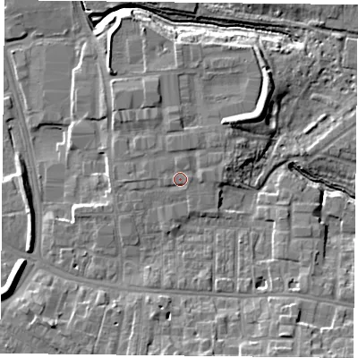 Shaded relief map of the ground around YO103DW, computed from Environment Agency LiDAR. The ground here sits at about 13 m above sea level and falls 13 m across the surrounding 800 m. Surface water reaching this point runs off ground lying to the north, 0.8 m higher.