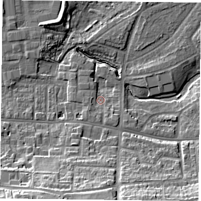 Shaded relief map of the ground around YO103EE, computed from Environment Agency LiDAR. The ground here sits at about 12 m above sea level and falls 21 m across the surrounding 800 m. Surface water reaching this point runs off ground lying to the south, 3.8 m higher.