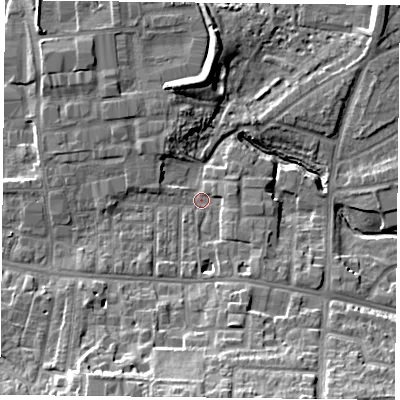 Shaded relief map of the ground around YO103EN, computed from Environment Agency LiDAR. The ground here sits at about 12 m above sea level and falls 16 m across the surrounding 800 m. Surface water reaching this point runs off ground lying to the south, 12.6 m higher.
