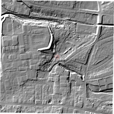 Shaded relief map of the ground around YO103FW, computed from Environment Agency LiDAR. The ground here sits at about 11 m above sea level and falls 11 m across the surrounding 800 m. Surface water reaching this point runs off ground lying to the south, 9.2 m higher.