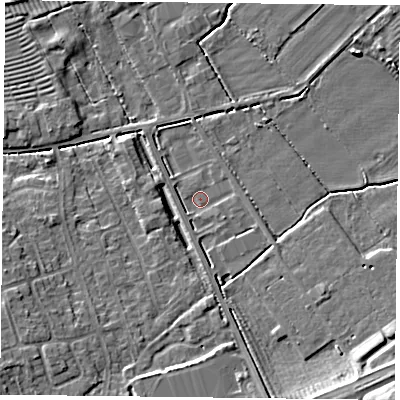 Shaded relief map of the ground around YO103JA, computed from Environment Agency LiDAR. The ground here sits at about 13 m above sea level and falls 10 m across the surrounding 800 m. Surface water reaching this point runs off ground lying to the south-east, 6.4 m higher.