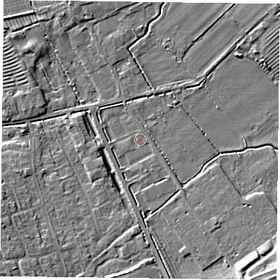 Shaded relief map of the ground around YO103JQ, computed from Environment Agency LiDAR. The ground here sits at about 13 m above sea level and falls 8 m across the surrounding 800 m. Surface water reaching this point runs off ground lying to the south-east, 5.9 m higher.