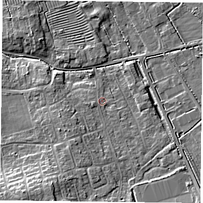 Shaded relief map of the ground around YO103NN, computed from Environment Agency LiDAR. The ground here sits at about 14 m above sea level and falls 9 m across the surrounding 800 m. Surface water reaching this point runs off ground lying to the west-south-west, 1.1 m higher.