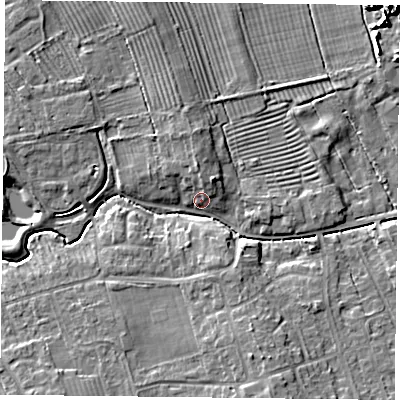 Shaded relief map of the ground around YO103NP, computed from Environment Agency LiDAR. The ground here sits at about 14 m above sea level and falls 10 m across the surrounding 800 m. Surface water reaching this point runs off ground lying to the south-south-east, 5.5 m higher.