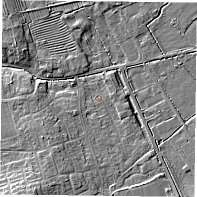 Shaded relief map of the ground around YO103NQ, computed from Environment Agency LiDAR. The ground here sits at about 13 m above sea level and falls 9 m across the surrounding 800 m. Surface water reaching this point runs off ground lying to the south-west, 4.0 m higher.