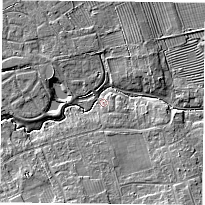 Shaded relief map of the ground around YO103NS, computed from Environment Agency LiDAR. The ground here sits at about 13 m above sea level and falls 7 m across the surrounding 800 m. Surface water reaching this point runs off ground lying to the east-north-east, 5.3 m higher.