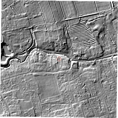 Shaded relief map of the ground around YO103NT, computed from Environment Agency LiDAR. The ground here sits at about 14 m above sea level and falls 7 m across the surrounding 800 m. Surface water reaching this point runs off ground lying to the south-south-east, 2.4 m higher.