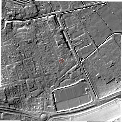 Shaded relief map of the ground around YO103PG, computed from Environment Agency LiDAR. The ground here sits at about 14 m above sea level and falls 18 m across the surrounding 800 m. Surface water reaching this point runs off ground lying to the south-south-west, 0.7 m higher.