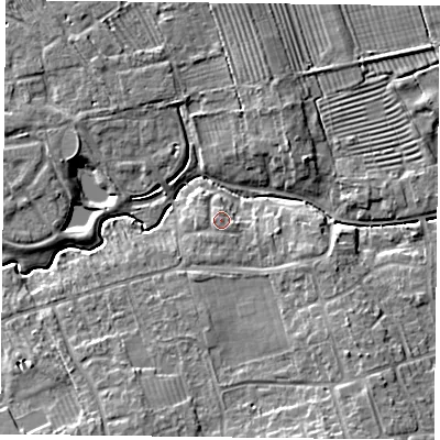 Shaded relief map of the ground around YO103PT, computed from Environment Agency LiDAR. The ground here sits at about 14 m above sea level and falls 7 m across the surrounding 800 m. Surface water reaching this point runs off ground lying to the west-north-west, 0.8 m higher.