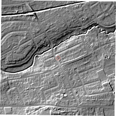 Shaded relief map of the ground around YO103RJ, computed from Environment Agency LiDAR. The ground here sits at about 13 m above sea level and falls 14 m across the surrounding 800 m. Surface water reaching this point runs off ground lying to the south, 10.4 m higher.