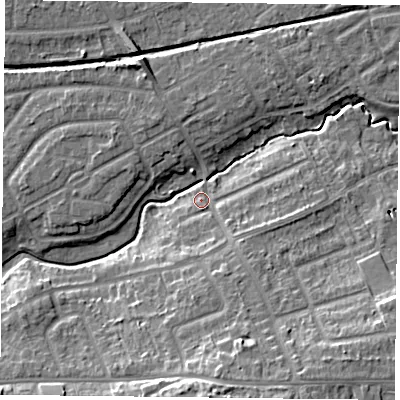 Shaded relief map of the ground around YO103RL, computed from Environment Agency LiDAR. The ground here sits at about 12 m above sea level and falls 12 m across the surrounding 800 m. Surface water reaching this point runs off ground lying to the south, 9.3 m higher.
