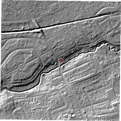 Shaded relief map of the ground around YO103RR, computed from Environment Agency LiDAR. The ground here sits at about 12 m above sea level and falls 12 m across the surrounding 800 m. Surface water reaching this point runs off ground lying to the north-north-west, 2.9 m higher.