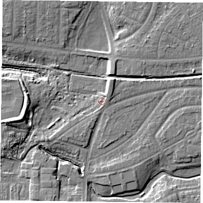 Shaded relief map of the ground around YO103SR, computed from Environment Agency LiDAR. The ground here sits at about 12 m above sea level and falls 10 m across the surrounding 800 m. Surface water reaching this point runs off ground lying to the east, 1.9 m higher.