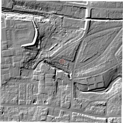 Shaded relief map of the ground around YO103SU, computed from Environment Agency LiDAR. The ground here sits at about 11 m above sea level and falls 12 m across the surrounding 800 m. Surface water reaching this point runs off ground lying to the south, 7.5 m higher.