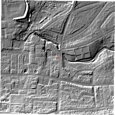 Shaded relief map of the ground around YO103SW, computed from Environment Agency LiDAR. The ground here sits at about 11 m above sea level and falls 19 m across the surrounding 800 m. Surface water reaching this point runs off ground lying to the south-south-west, 15.2 m higher.