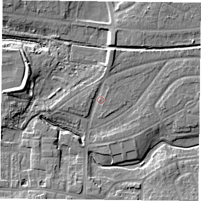 Shaded relief map of the ground around YO103SX, computed from Environment Agency LiDAR. The ground here sits at about 12 m above sea level and falls 10 m across the surrounding 800 m. Surface water reaching this point runs off ground lying to the north-north-east, 2.8 m higher.