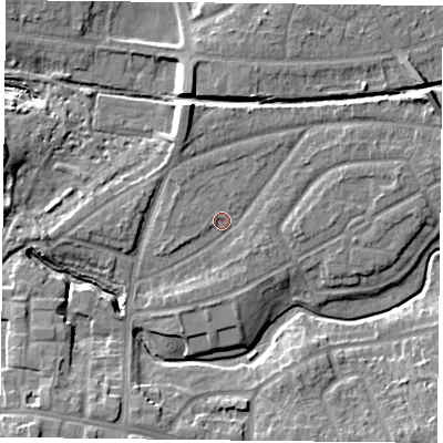 Shaded relief map of the ground around YO103TF, computed from Environment Agency LiDAR. The ground here sits at about 12 m above sea level and falls 10 m across the surrounding 800 m. Surface water reaching this point runs off ground lying to the east-north-east, 4.2 m higher.