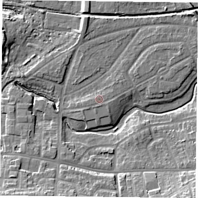 Shaded relief map of the ground around YO103TQ, computed from Environment Agency LiDAR. The ground here sits at about 12 m above sea level and falls 15 m across the surrounding 800 m. Surface water reaching this point runs off ground lying to the south-west, 0.9 m higher.