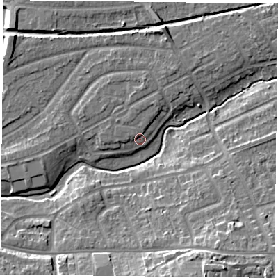 Shaded relief map of the ground around YO103TW, computed from Environment Agency LiDAR. The ground here sits at about 11 m above sea level and falls 14 m across the surrounding 800 m. Surface water reaching this point runs off ground lying to the north-north-east, 2.0 m higher.
