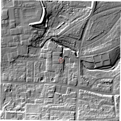 Shaded relief map of the ground around YO103UN, computed from Environment Agency LiDAR. The ground here sits at about 13 m above sea level and falls 17 m across the surrounding 800 m. Surface water reaching this point runs off ground lying to the south-south-east, 5.5 m higher.