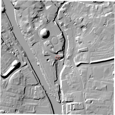 Shaded relief map of the ground around YO104AA, computed from Environment Agency LiDAR. The ground here sits at about 9 m above sea level and falls 19 m across the surrounding 800 m. Surface water reaching this point runs off ground lying to the north-north-west, 8.4 m higher.