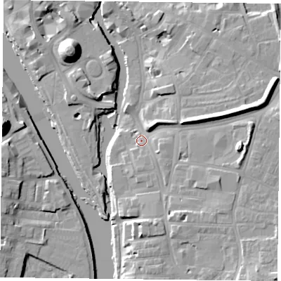 Shaded relief map of the ground around YO104AB, computed from Environment Agency LiDAR. The ground here sits at about 11 m above sea level and falls 19 m across the surrounding 800 m. Surface water reaching this point runs off ground lying to the east, 3.1 m higher.