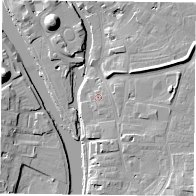 Shaded relief map of the ground around YO104AD, computed from Environment Agency LiDAR. The ground here sits at about 11 m above sea level and falls 19 m across the surrounding 800 m. Surface water reaching this point runs off ground lying to the east-south-east, 2.2 m higher.