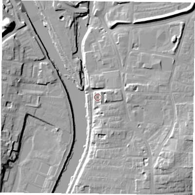 Shaded relief map of the ground around YO104AX, computed from Environment Agency LiDAR. The ground here sits at about 11 m above sea level and falls 19 m across the surrounding 800 m. Surface water reaching this point runs off ground lying to the east-south-east, 4.6 m higher.