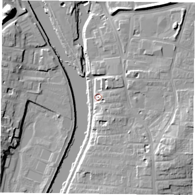 Shaded relief map of the ground around YO104AZ, computed from Environment Agency LiDAR. The ground here sits at about 10 m above sea level and falls 19 m across the surrounding 800 m. Surface water reaching this point runs off ground lying to the north-east, 5.3 m higher.