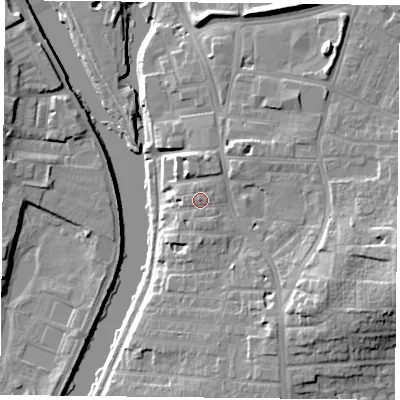 Shaded relief map of the ground around YO104BA, computed from Environment Agency LiDAR. The ground here sits at about 14 m above sea level and falls 17 m across the surrounding 800 m. Surface water reaching this point runs off ground lying to the south-south-east, 0.9 m higher.
