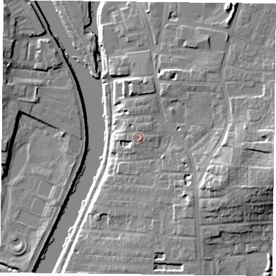 Shaded relief map of the ground around YO104BG, computed from Environment Agency LiDAR. The ground here sits at about 14 m above sea level and falls 17 m across the surrounding 800 m. Surface water reaching this point runs off ground lying to the east-south-east, 1.7 m higher.