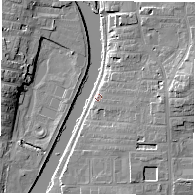 Shaded relief map of the ground around YO104BW, computed from Environment Agency LiDAR. The ground here sits at about 11 m above sea level and falls 15 m across the surrounding 800 m. Surface water reaching this point runs off ground lying to the east-south-east, 6.0 m higher.