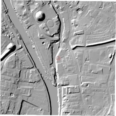 Shaded relief map of the ground around YO104BX, computed from Environment Agency LiDAR. The ground here sits at about 10 m above sea level and falls 19 m across the surrounding 800 m. Surface water reaching this point runs off ground lying to the east-north-east, 13.4 m higher.