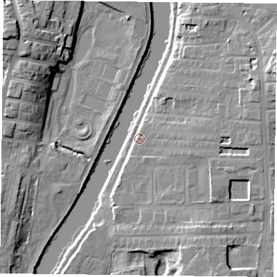 Shaded relief map of the ground around YO104DS, computed from Environment Agency LiDAR. The ground here sits at about 10 m above sea level and falls 16 m across the surrounding 800 m. Surface water reaching this point runs off ground lying to the east-north-east, 9.2 m higher.