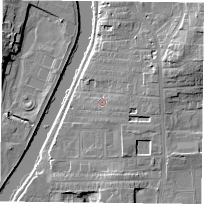 Shaded relief map of the ground around YO104DW, computed from Environment Agency LiDAR. The ground here sits at about 12 m above sea level and falls 16 m across the surrounding 800 m. Surface water reaching this point runs off ground lying to the east-north-east, 4.6 m higher.