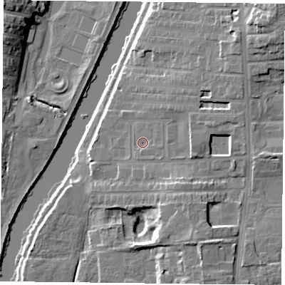 Shaded relief map of the ground around YO104DZ, computed from Environment Agency LiDAR. The ground here sits at about 11 m above sea level and falls 15 m across the surrounding 800 m. Surface water reaching this point runs off ground lying to the east-south-east, 1.1 m higher.