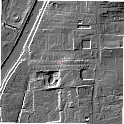 Shaded relief map of the ground around YO104EH, computed from Environment Agency LiDAR. The ground here sits at about 14 m above sea level and falls 13 m across the surrounding 800 m. Surface water reaching this point runs off ground lying to the south-east, 2.7 m higher.