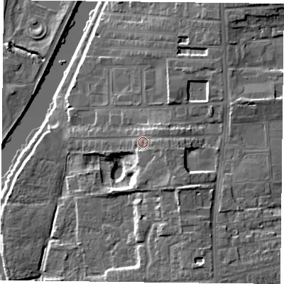 Shaded relief map of the ground around YO104EJ, computed from Environment Agency LiDAR. The ground here sits at about 14 m above sea level and falls 13 m across the surrounding 800 m. Surface water reaching this point runs off ground lying to the east-south-east, 2.8 m higher.