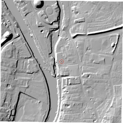 Shaded relief map of the ground around YO104FD, computed from Environment Agency LiDAR. The ground here sits at about 11 m above sea level and falls 19 m across the surrounding 800 m. Surface water reaching this point runs off ground lying to the east, 5.0 m higher.