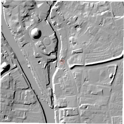 Shaded relief map of the ground around YO104FH, computed from Environment Agency LiDAR. The ground here sits at about 9 m above sea level and falls 19 m across the surrounding 800 m. Surface water reaching this point runs off ground lying to the north-west, 16.8 m higher.